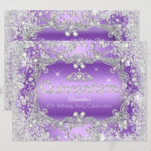 Quinceanera Paars Silver Tiara Winter Wonderland Kaart (Voorkant / Achterkant)