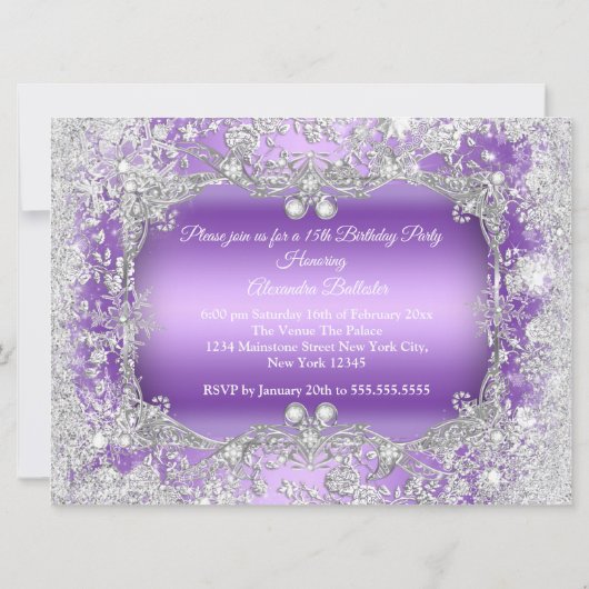 Quinceanera Paars Silver Tiara Winter Wonderland Kaart (Achterkant)