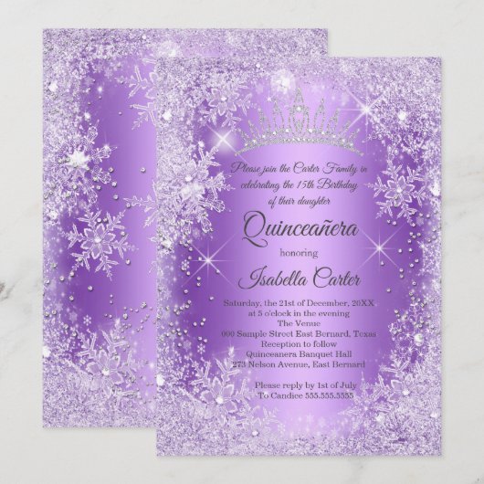 Quinceanera Paars Snowflake Winter Wonderland Kaart (Voorkant / Achterkant)