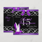 Quinceanera Paars Sweet 15 Party Glitter Black Kaart (Voorkant / Achterkant)