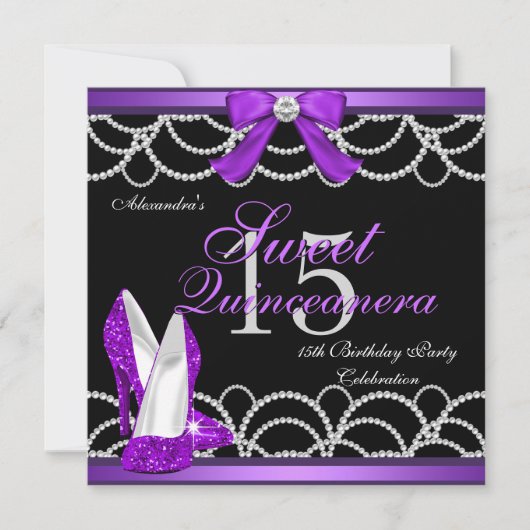 Quinceanera Paars Sweet 15 Party Glitter Black Kaart (Voorkant)
