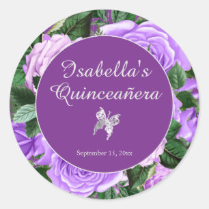 Quinceañera Paars Vintage Bloem Vlinder Ronde Sticker