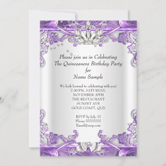 Quinceanera Paars White, 15e verjaardag Kaart (Achterkant)