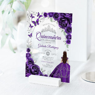 Quinceanera Paars Zilver Bloem Acryl Uitnodigingen