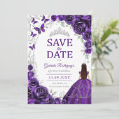 Quinceanera Paars Zilver Bloem Save The Date (Staand voorkant)