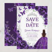 Quinceanera Paars Zilver Bloem Save The Date (Voorkant / Achterkant)