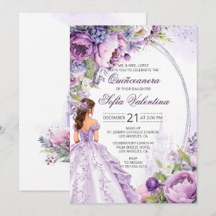 Quinceanera Paars Zilveren Bloemen Uitnodiging