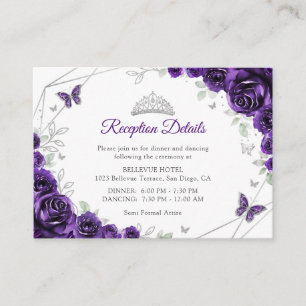 Quinceanera Paars Zilveren Bloemendetails Informatiekaartje