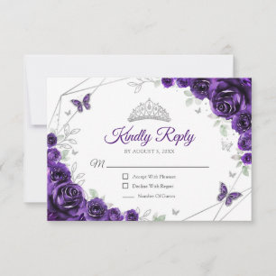 Quinceanera Paars Zilveren Bloemige Reactie RSVP Kaartje