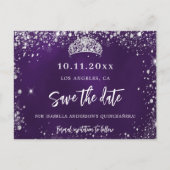Quinceanera paars zilveren tiara save the date aankondigingskaart (Voorkant)