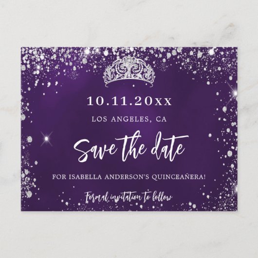 Quinceanera paars zilveren tiara save the date aankondigingskaart (Voorkant)