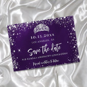 Quinceanera paars zilveren tiara save the date aankondigingskaart