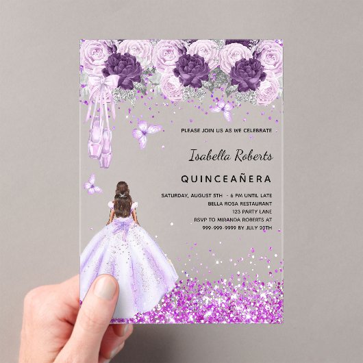 Quinceanera paarse ballerina jurk bloemen doorzich acryl uitnodigingen (Insitu (Draagbaar))