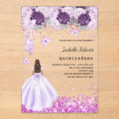 Quinceanera paarse ballerina jurk bloemen doorzich acryl uitnodigingen (Voorkant)