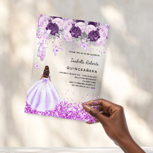 Quinceanera paarse ballerina jurk bloemen doorzich acryl uitnodigingen
