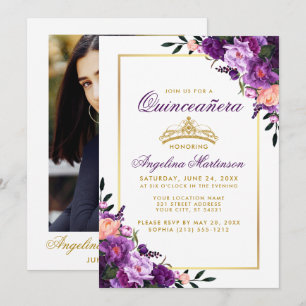 Quinceanera Paarse Bloem Gouden Kroon Foto Achterk Kaart