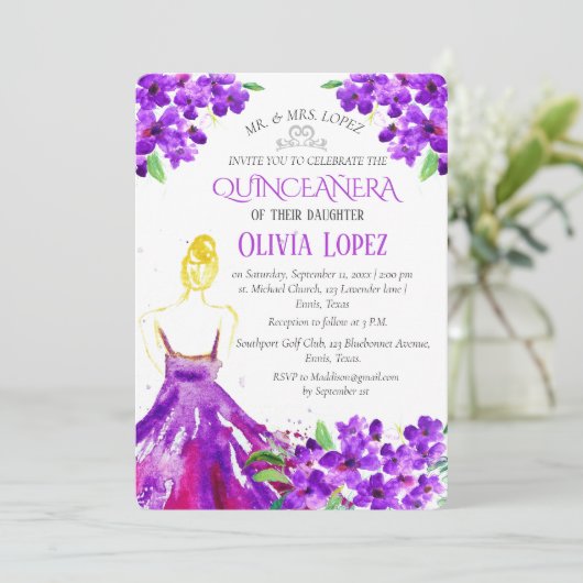 Quinceañera Paarse Bloemen 15e Verjaardag Kaart (Staand voorkant)