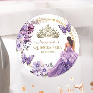 Quinceañera Paarse Bloemen Gouden Tiara Vlinder Ronde Sticker