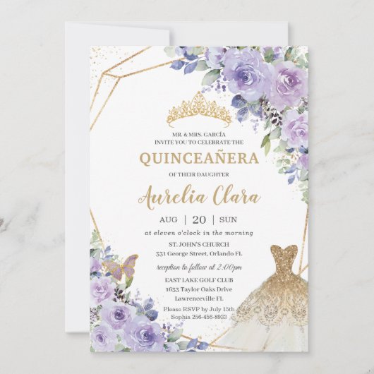 Quinceañera Paarse Bloemen Prinses Gouden Gown Tia Kaart (Voorkant)