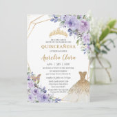 Quinceañera Paarse Bloemen Prinses Gouden Gown Tia Kaart (Staand voorkant)