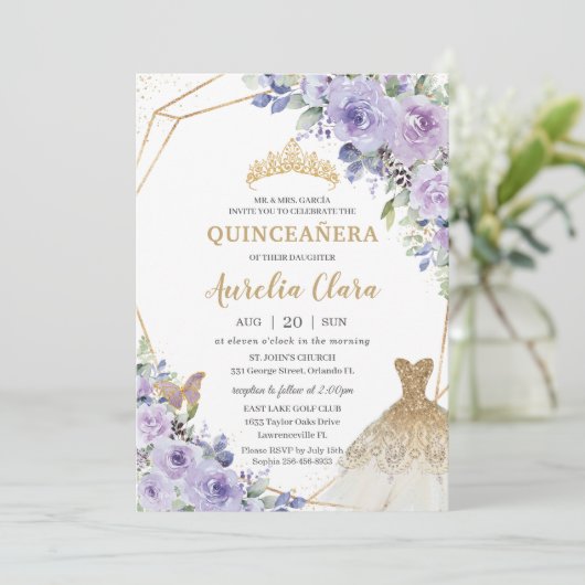 Quinceañera Paarse Bloemen Prinses Gouden Gown Tia Kaart (Staand voorkant)