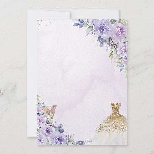 Quinceañera Paarse Bloemen Prinses Gouden Gown Tia Kaart (Achterkant)