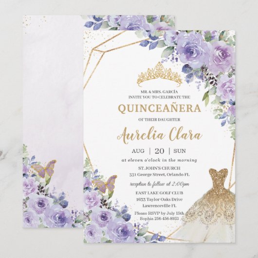 Quinceañera Paarse Bloemen Prinses Gouden Gown Tia Kaart (Voorkant / Achterkant)