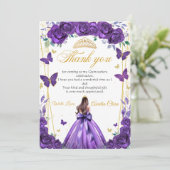 Quinceañera Paarse Bloemen Prinses Vlinders Bedankkaart (Staand voorkant)