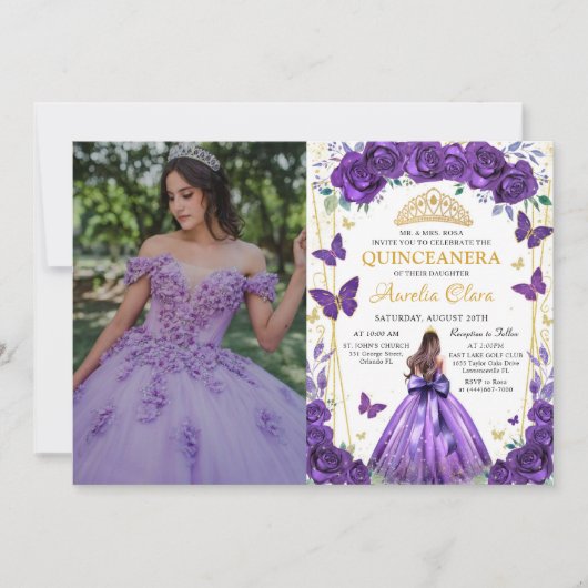 Quinceañera Paarse Bloemen Prinses Vlinders Kaart (Voorkant)