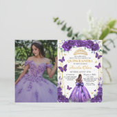 Quinceañera Paarse Bloemen Prinses Vlinders Kaart (Staand voorkant)
