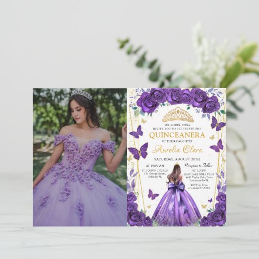 Quinceañera Paarse Bloemen Prinses Vlinders Kaart (Staand voorkant)