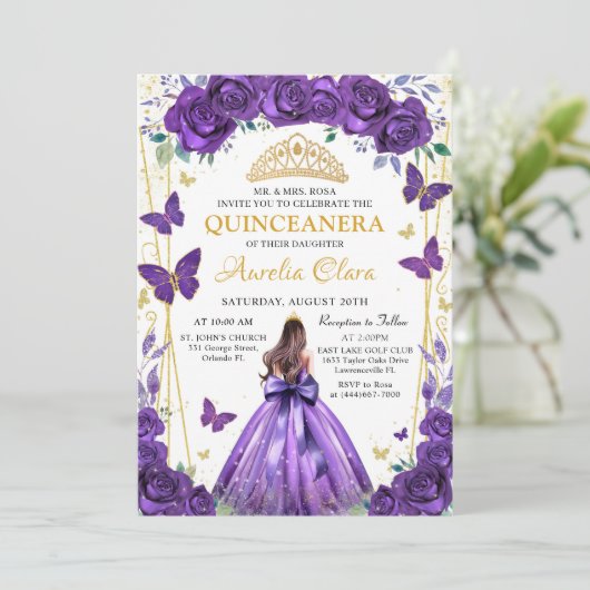 Quinceañera Paarse Bloemen Prinses Vlinders Kaart (Staand voorkant)
