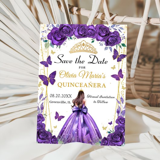 Quinceañera Paarse Bloemen Prinses Vlinders Save The Date