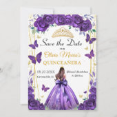 Quinceañera Paarse Bloemen Prinses Vlinders Save The Date (Voorkant)