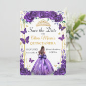 Quinceañera Paarse Bloemen Prinses Vlinders Save The Date (Staand voorkant)