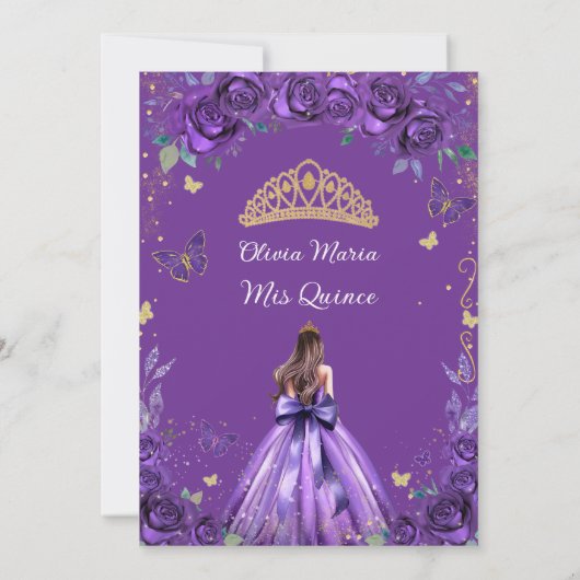 Quinceañera Paarse Bloemen Prinses Vlinders Save The Date (Achterkant)
