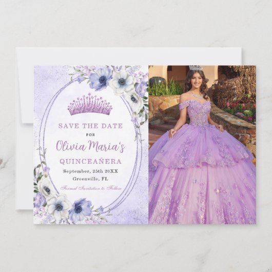 Quinceañera Paarse Bloemen Tiara Vlinders Foto Save The Date (Voorkant)