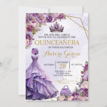 Quinceanera Paarse Bloemen Uitnodiging