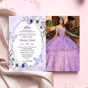 Quinceañera Paarse Bloemenkroon Vlinders Foto Kaart