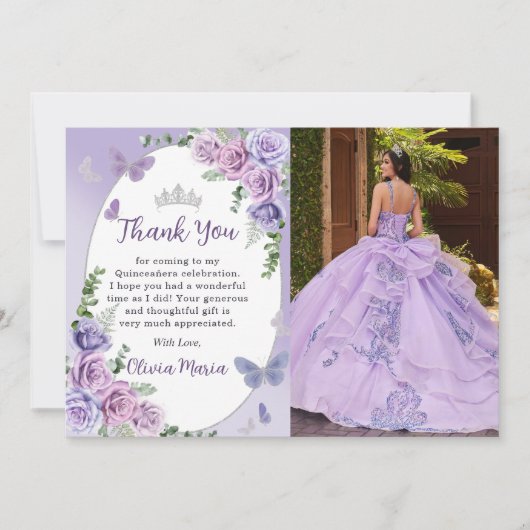 Quinceañera Paarse bloementiara bedankje Kaart (Voorkant)