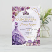 Quinceanera Paarse bloemenuitnodiging Kaart (Staand voorkant)