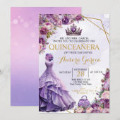 Quinceanera Paarse bloemenuitnodiging Kaart (Voorkant / Achterkant)