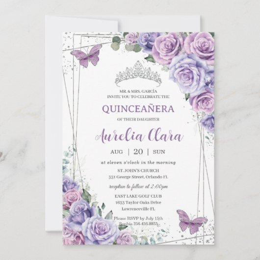 Quinceañera Paarse Bloemenvlinders Verjaardag Kaart (Voorkant)