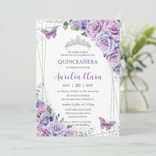 Quinceañera Paarse Bloemenvlinders Verjaardag Kaart (Staand voorkant)