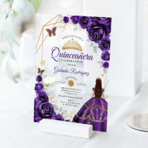 Quinceanera Paarse Bloemjurk Goud Acryl Uitnodigingen