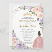 Quinceañera Paarse Blush Bloemen Roos Gouden Jurk Kaart (Voorkant)