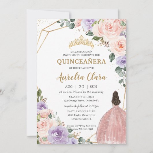 Quinceañera Paarse Blush Bloemen Roos Gouden Jurk Kaart (Voorkant)