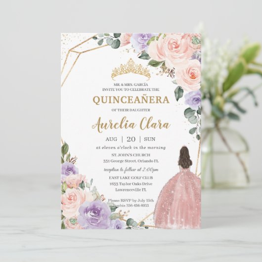 Quinceañera Paarse Blush Bloemen Roos Gouden Jurk Kaart (Staand voorkant)
