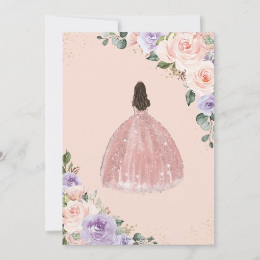 Quinceañera Paarse Blush Bloemen Roos Gouden Jurk Kaart (Achterkant)