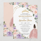Quinceañera Paarse Blush Bloemen Roos Gouden Jurk Kaart (Voorkant / Achterkant)